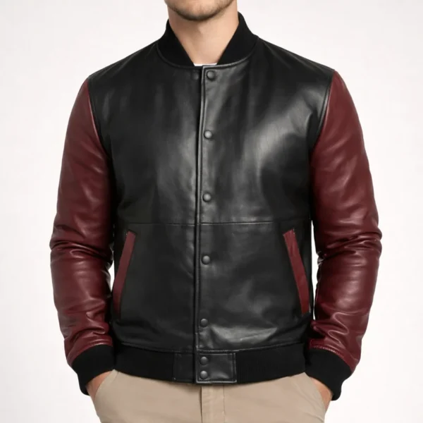 HARRY Black and Maroon Varsity Leather Jacket For Men