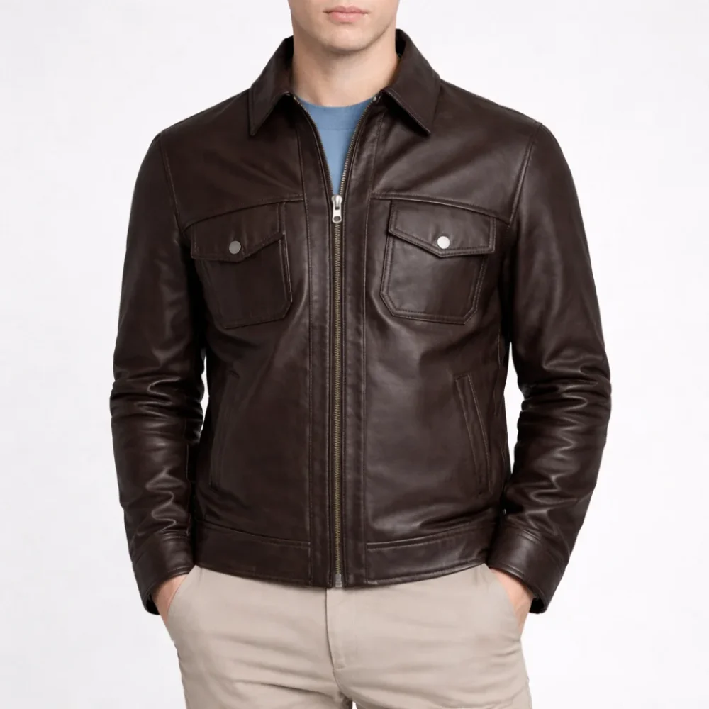HERITAGE Dark Brown Delivery Leather Jacket For Men