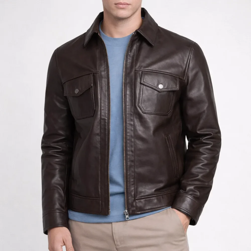 HERITAGE Dark Brown Delivery Leather Jacket For Men
