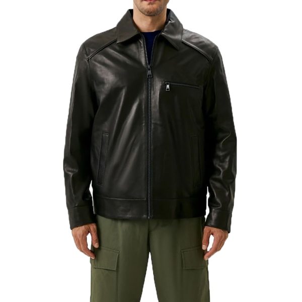 Men’s Black Leather Jacket with Triple Pocket Design