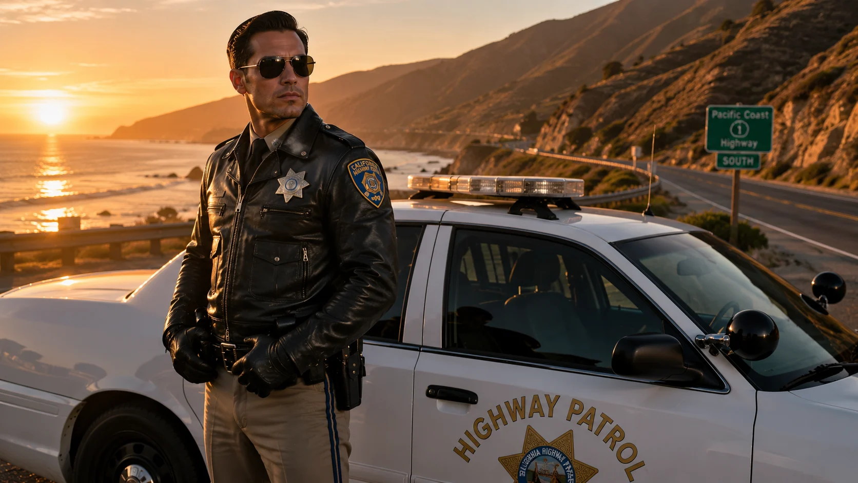 A California Highway Patrol officer wearing a black leather jacket.