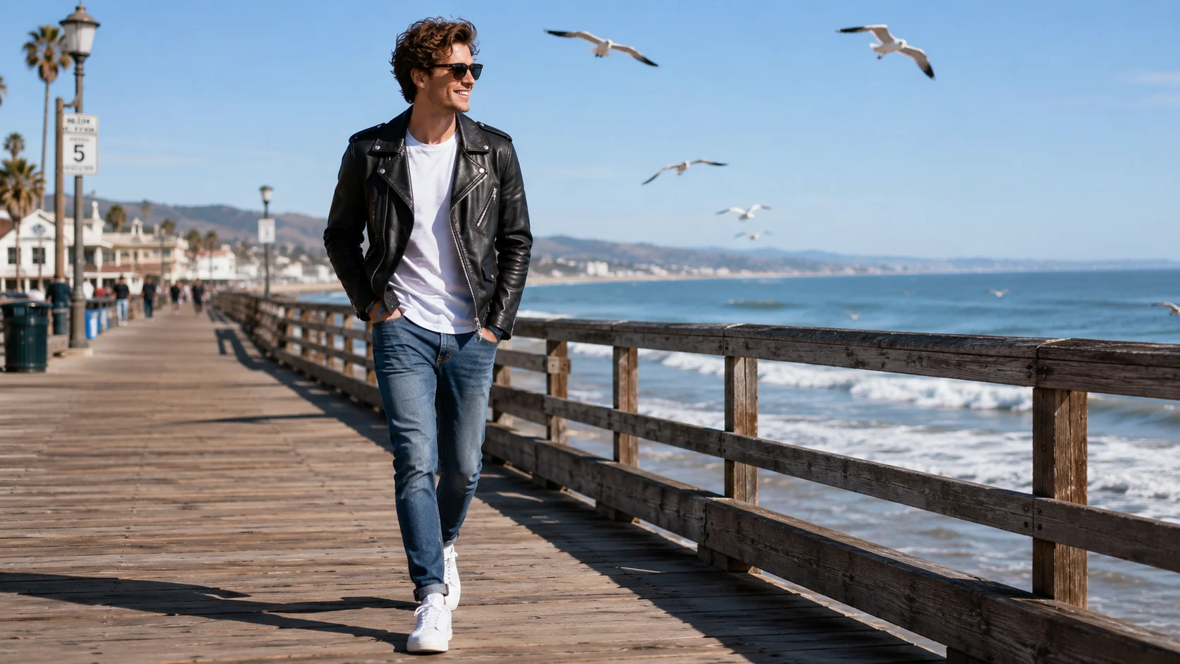 A young man wearing a black biker jacket over a white t‑shirt.