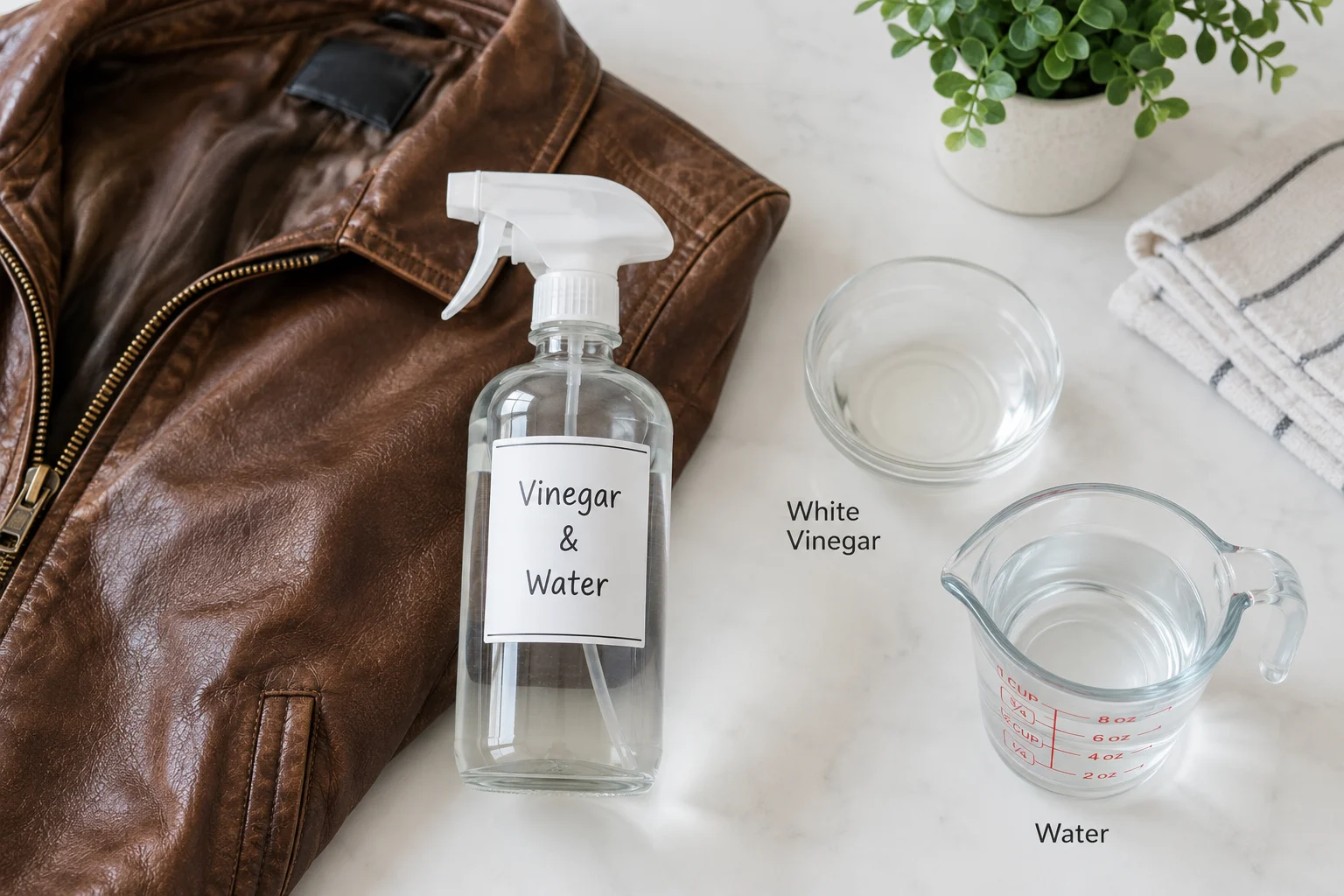 Homemade vinegar and water solution for cleaning leather jacket