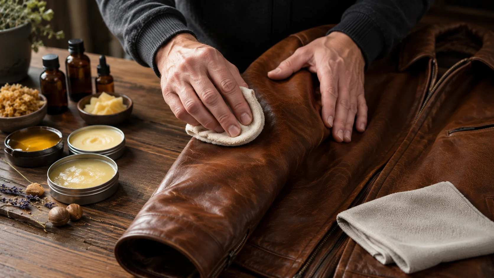 Applying leather conditioner after cleaning mildew and smoke smell