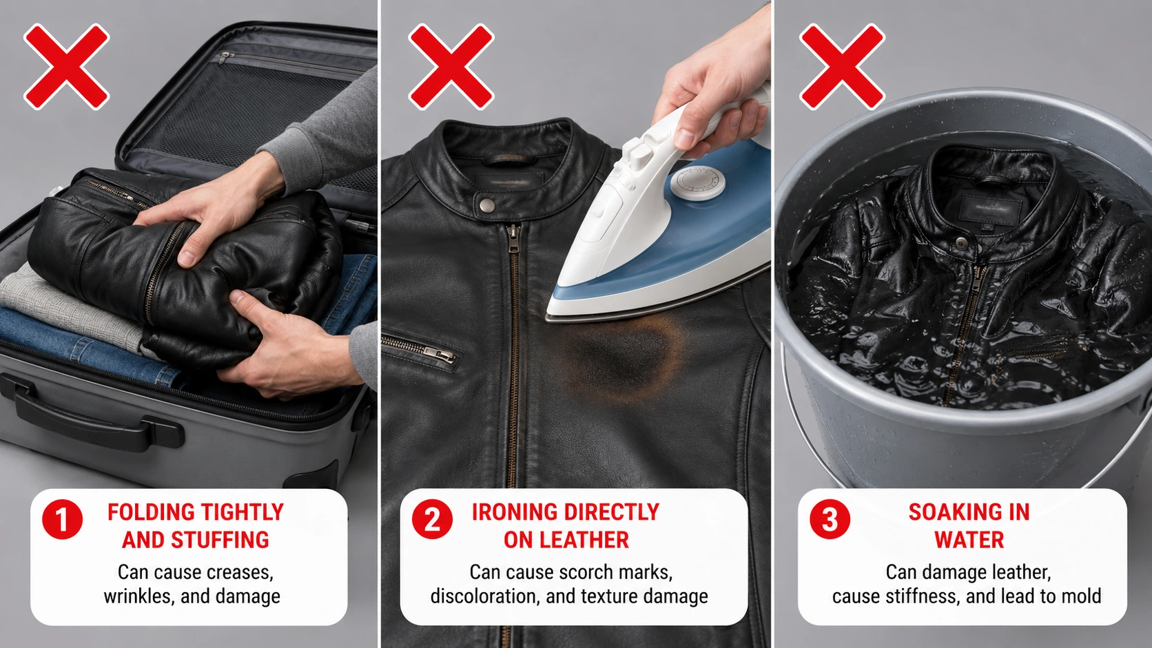 Infographic showing common leather jacket care mistakes
