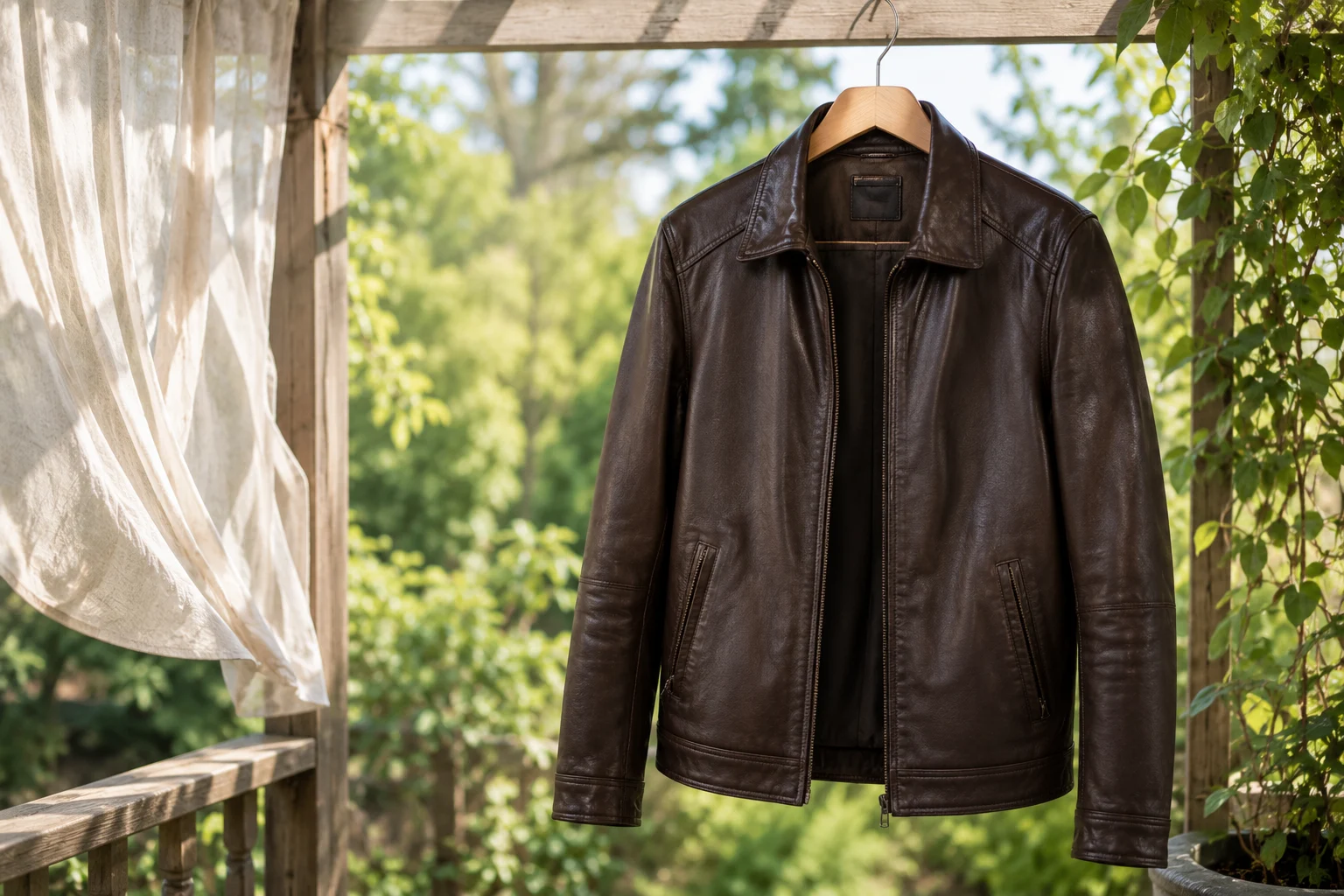 Hang the Leather jacket on a padded hanger in a shaded, breezy outdoor Sunlight area.
