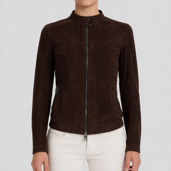NOVELLE Dark Brown Suede Leather Jacket For Women