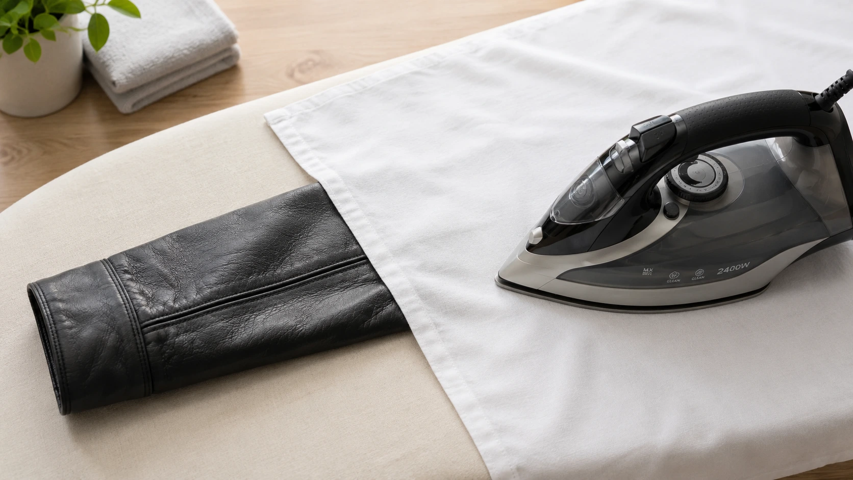 Ironing a leather jacket safely with a cotton cloth barrier