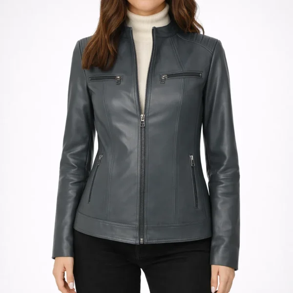 OBSIDIAN Dark Grey Leather Jacket  For Women