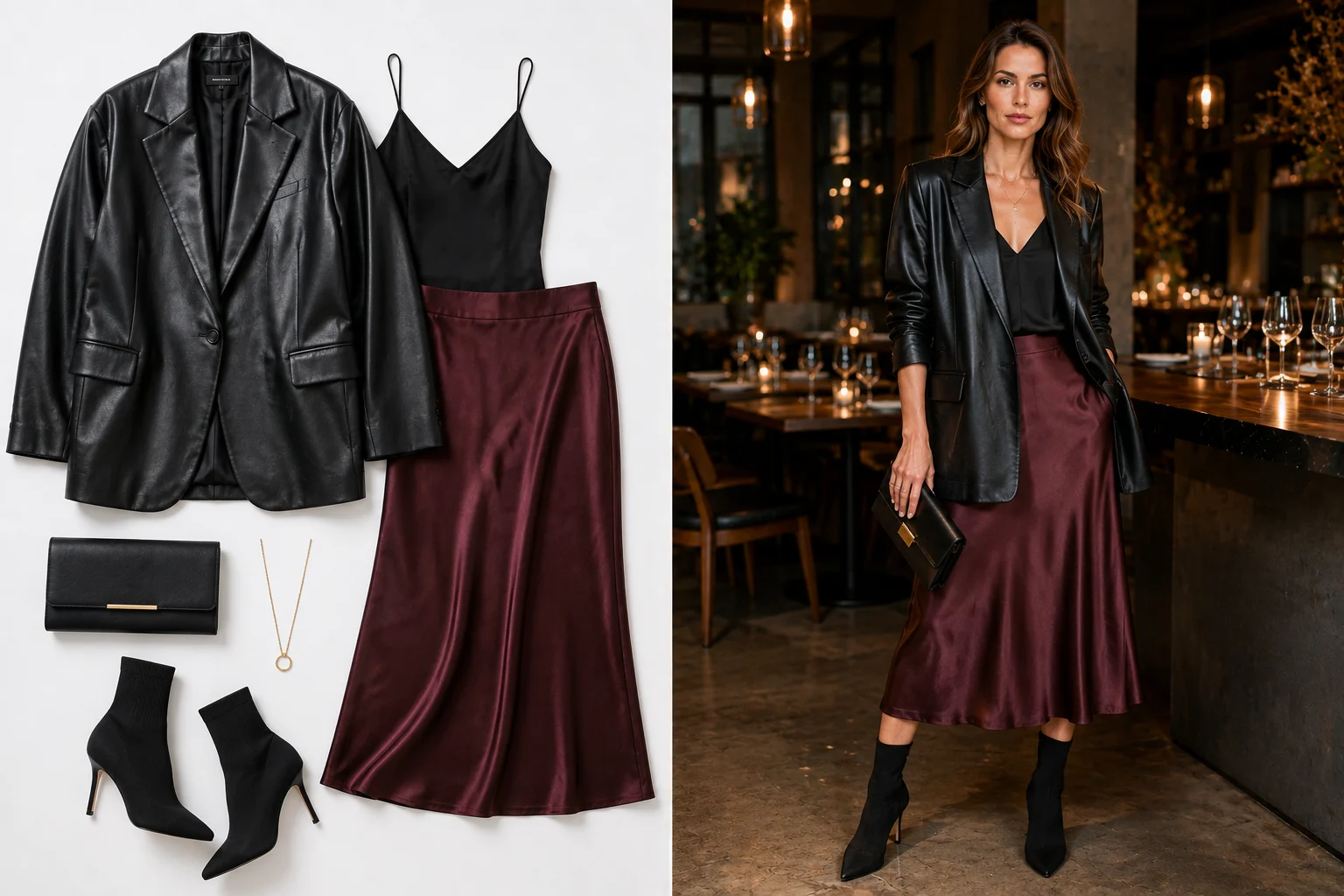 Oversized black leather blazer worn over a burgundy midi slip skirt.