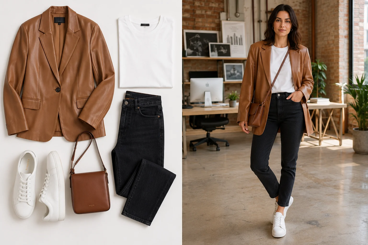 Oversized tan leather blazer styled with slim jeans and sneakers in creative office.