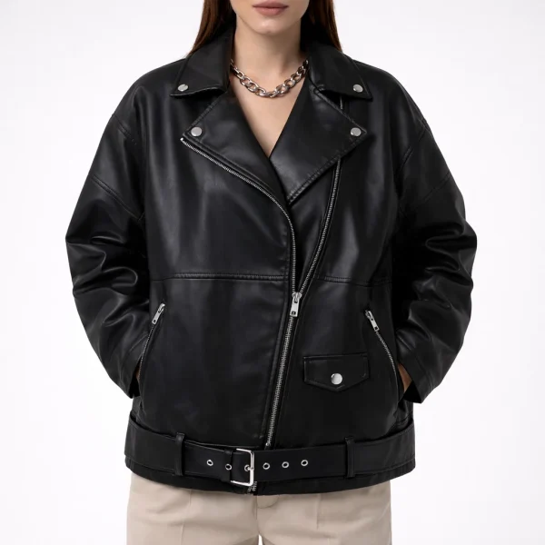 RELAXA Black Leather Jacket For Women