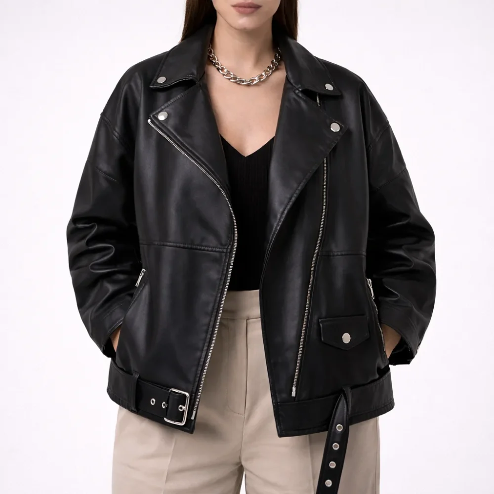 RELAXA Black Leather Jacket For Women