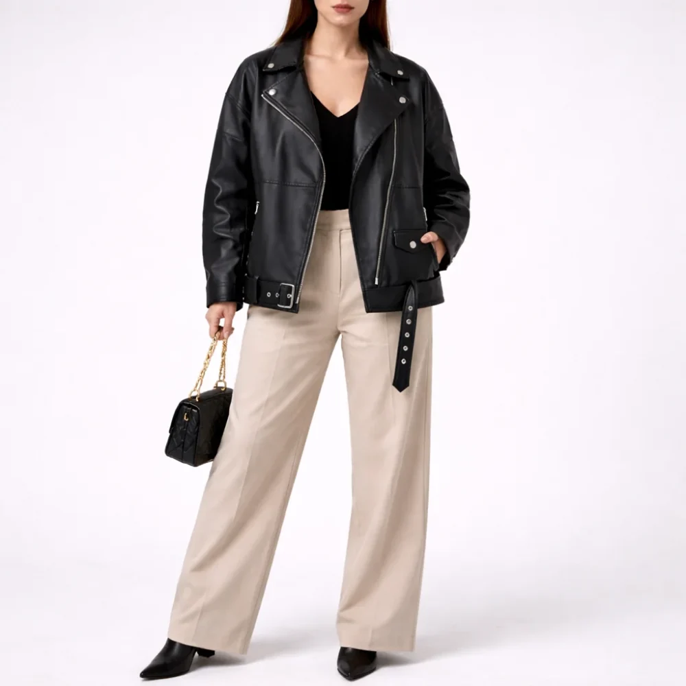 RELAXA Black Leather Jacket For Women