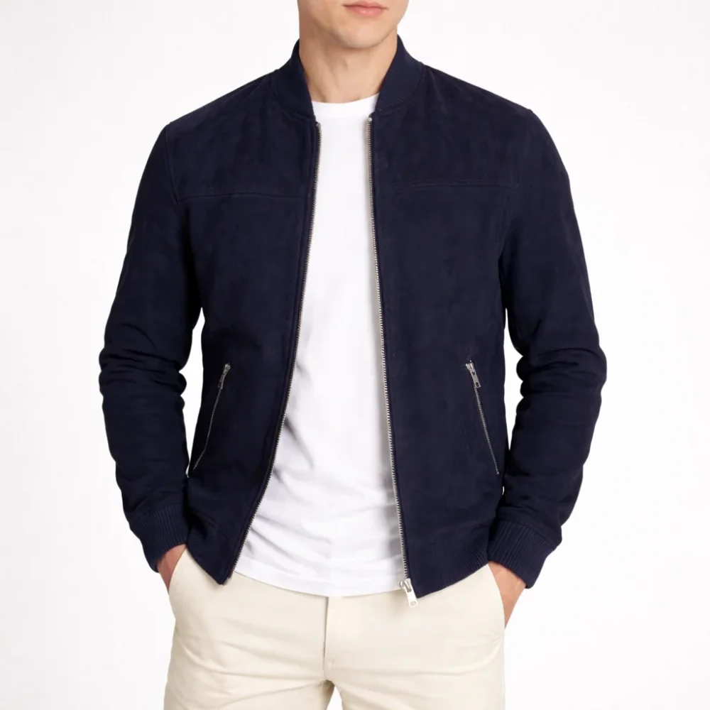 ROAMER Navy Blue Suede Leather Jacket For Men
