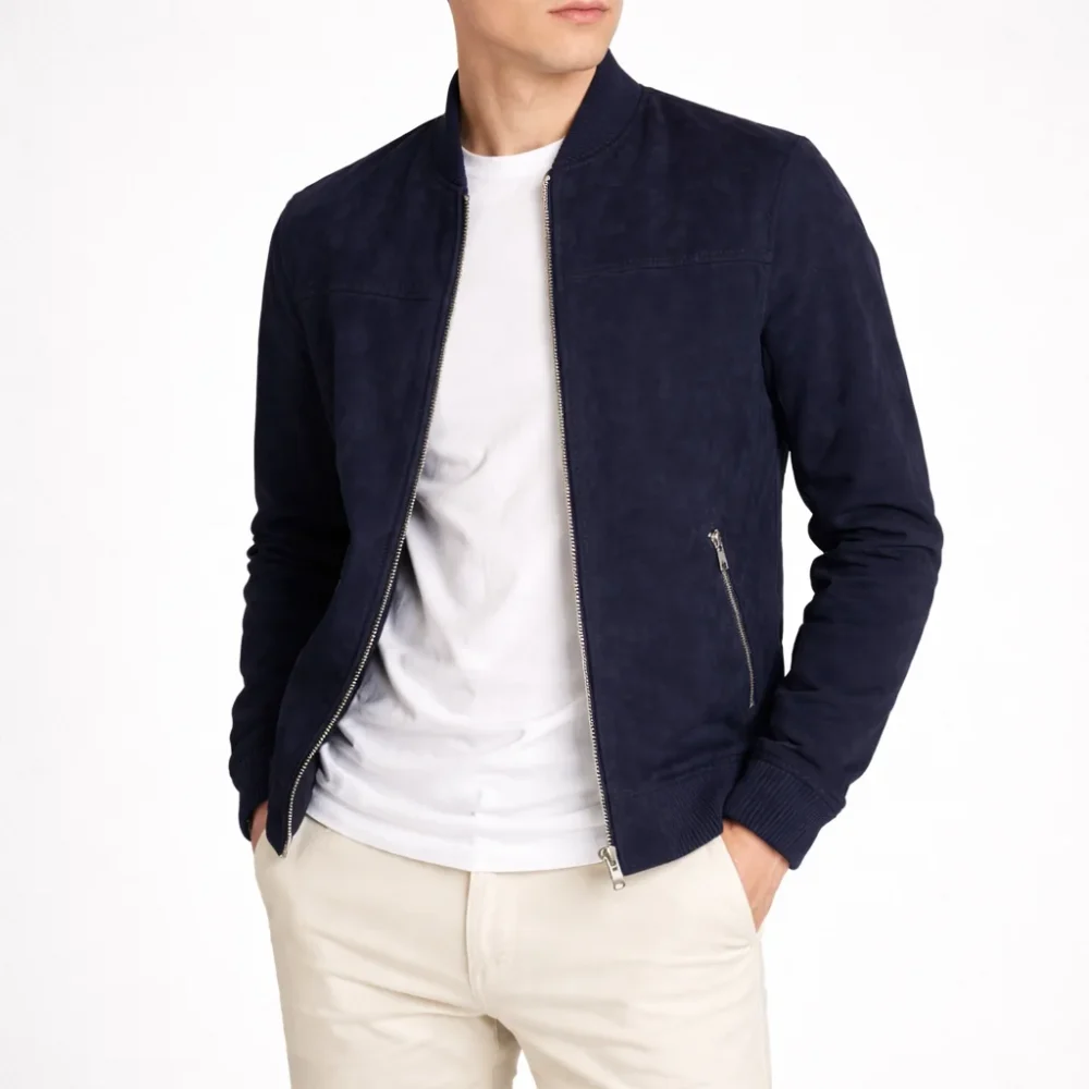 ROAMER Navy Blue Suede Leather Jacket For Men