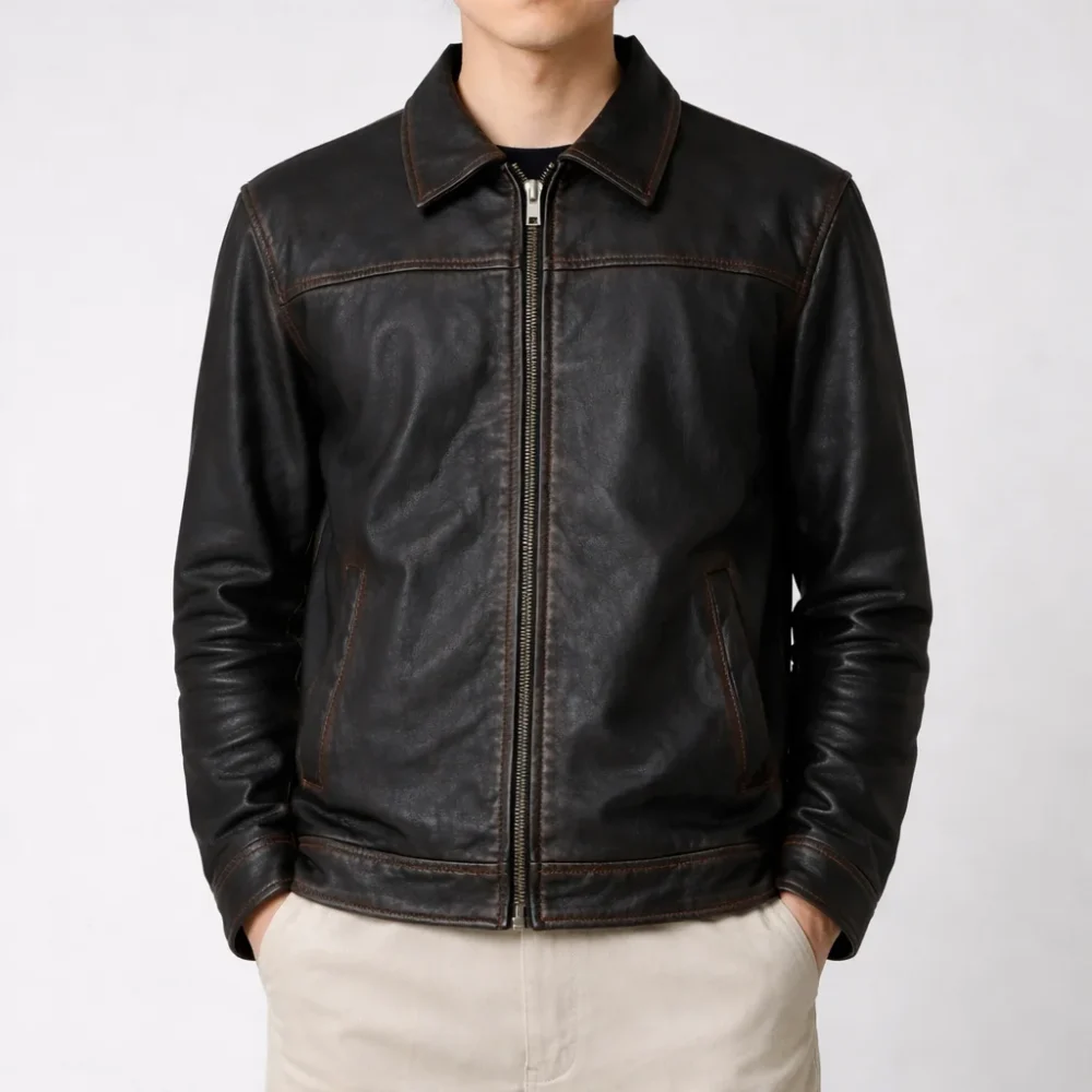 ROBERT Black Cafe Racer Leather Jacket For Men