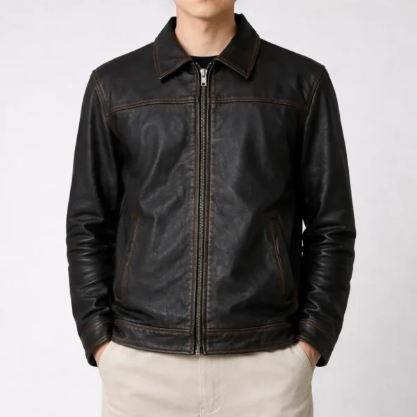 ROBERT Black Rub-Off Leather Jacket For Men