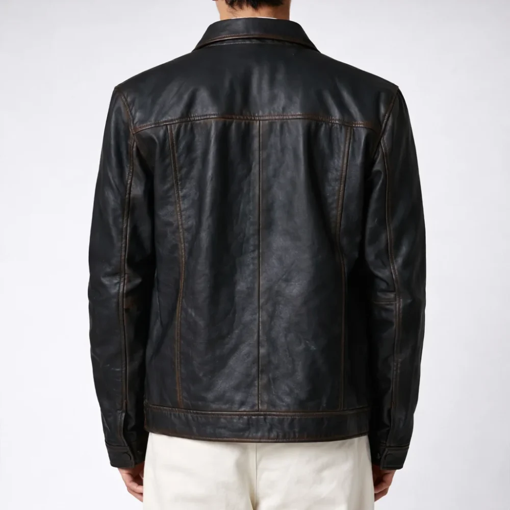 ROBERT Black Cafe Racer Leather Jacket For Men