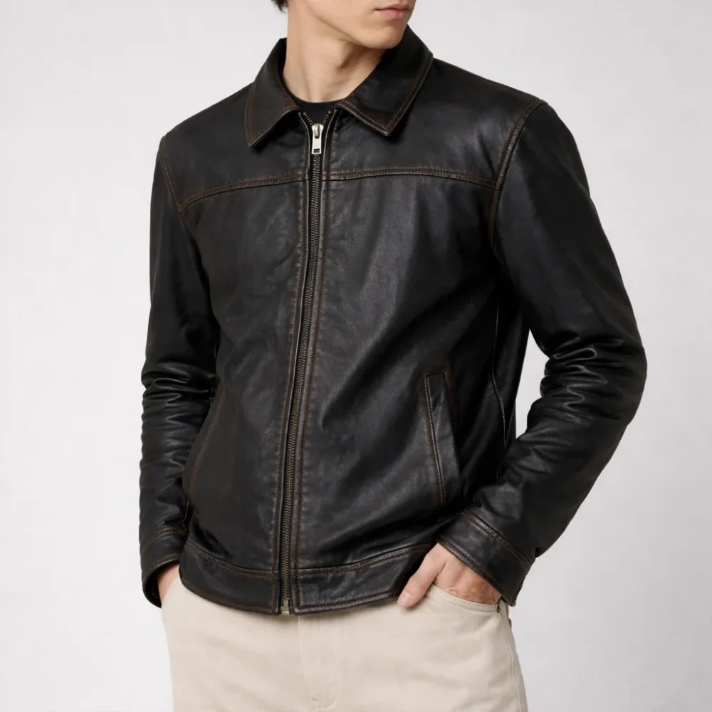 ROBERT Black Cafe Racer Leather Jacket For Men