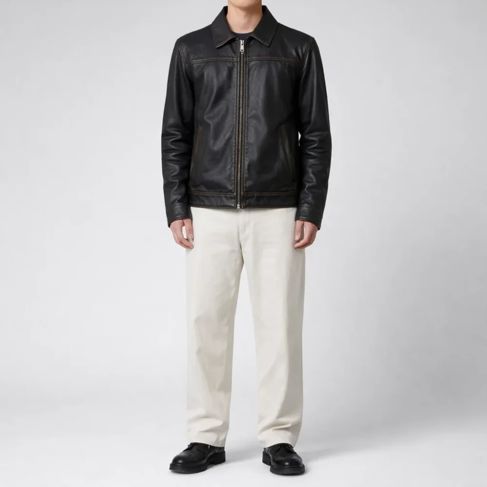 ROBERT Black Cafe Racer Leather Jacket For Men
