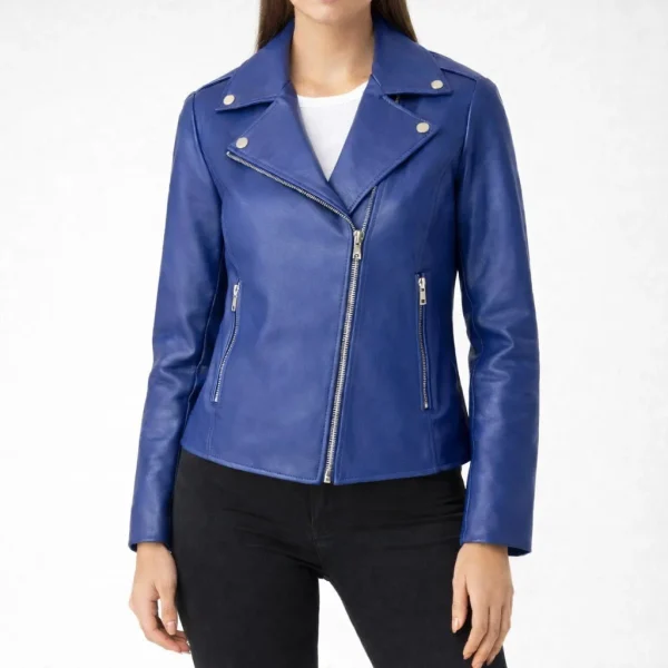 ROCKER Dark Blue Leather Jacket For Women