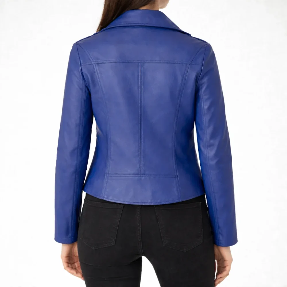 ROCKER Dark Blue Leather Jacket For Women