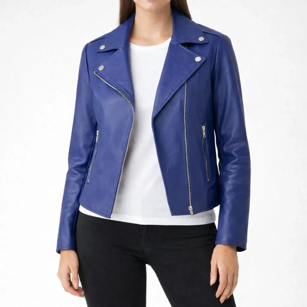 ROCKER Dark Blue Leather Jacket For Women