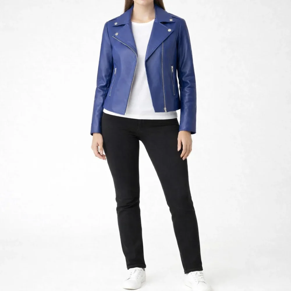 ROCKER Dark Blue Leather Jacket For Women