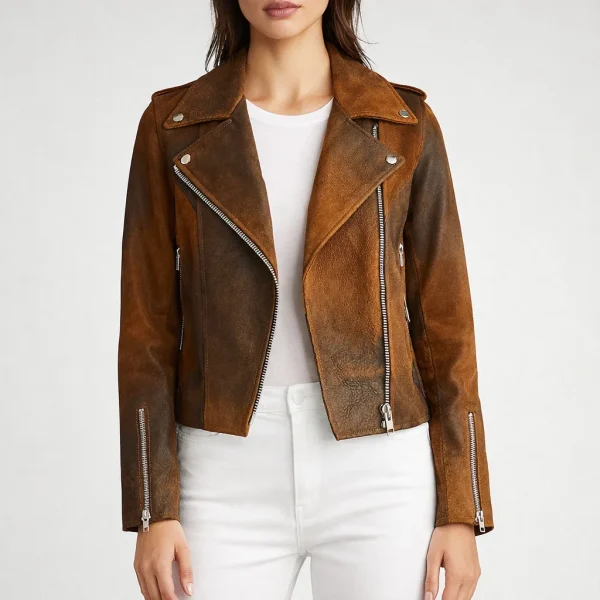 SERENE Distressed Brown Suede Jacket For Women