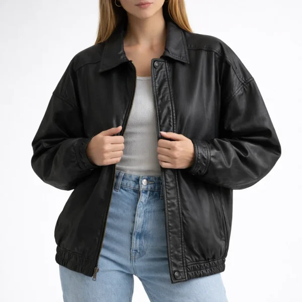 SHADOW Black Oversized Leather Jacket For Women