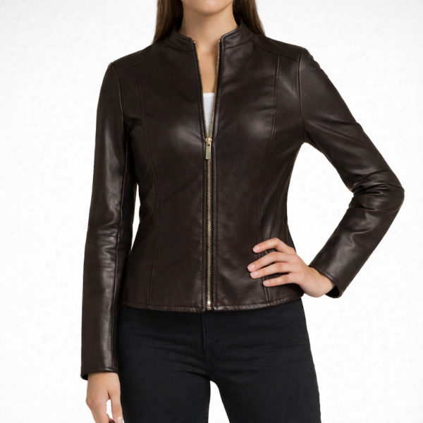 SLEEK Dark Brown Leather Jacket For Women