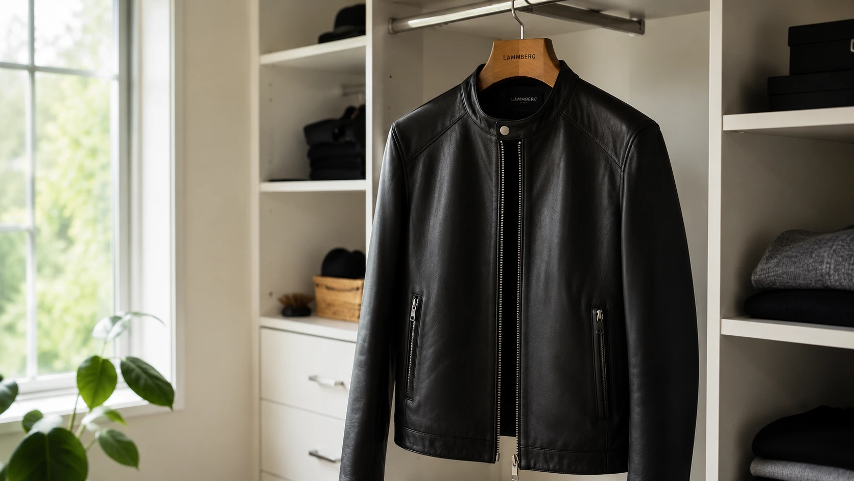 Black leather jacket hanging on a wide wooden hanger in a minimalist closet