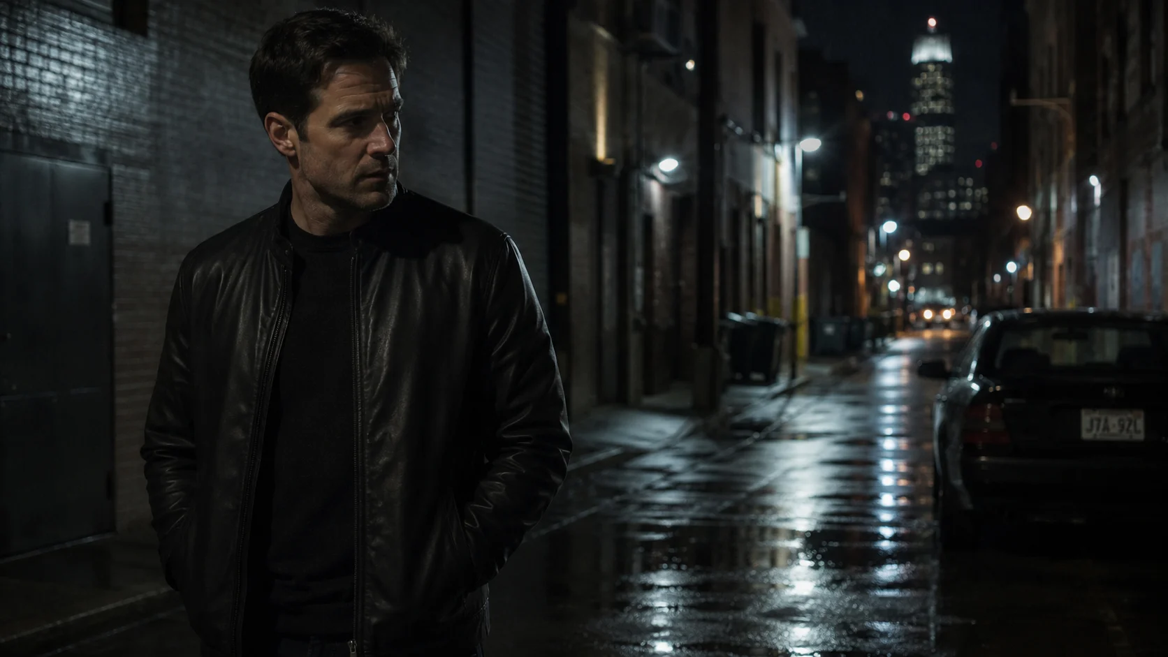 A detective in plain clothes wearing a simple black leather jacket.