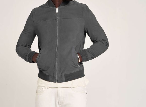 Mens Navy Goat Suede Bomber Jacket grey