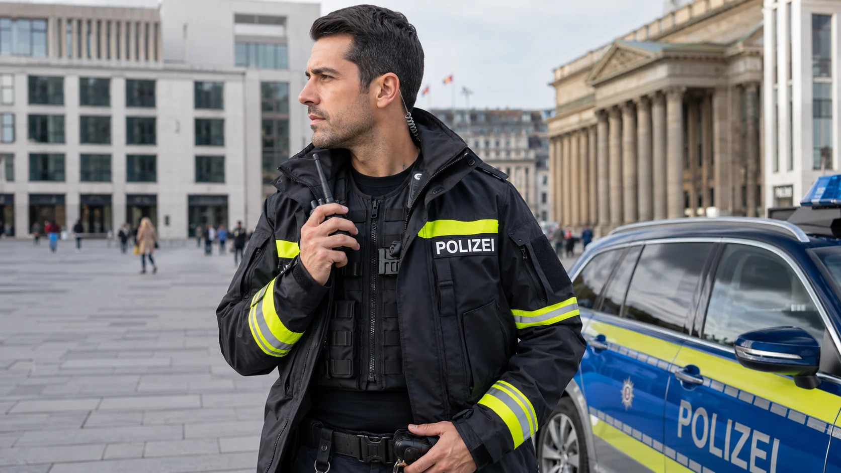 A modern urban police officer wearing a lightweight black tactical synthetic jacket.