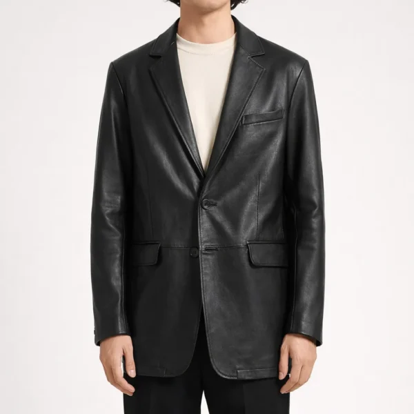 VALIANT Black Long Leather Blazer For Men