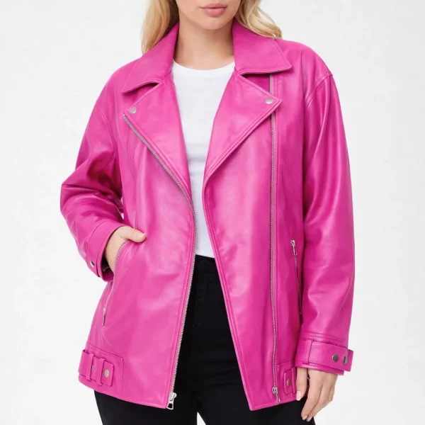 VERVE Oversized Pink Leather Jacket For Women