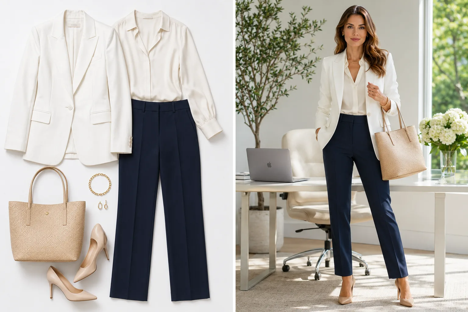 White leather blazer paired with navy trousers and nude heels.