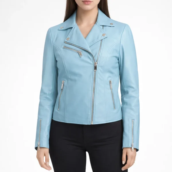ZEPHYR Light Blue Leather Jacket For Women