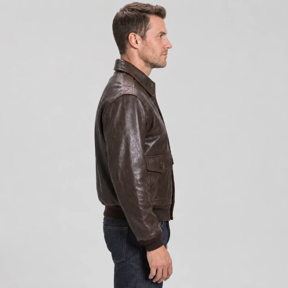 a2-leather-flight-jacket-Brown-Bomber-jacket-left-side-pose