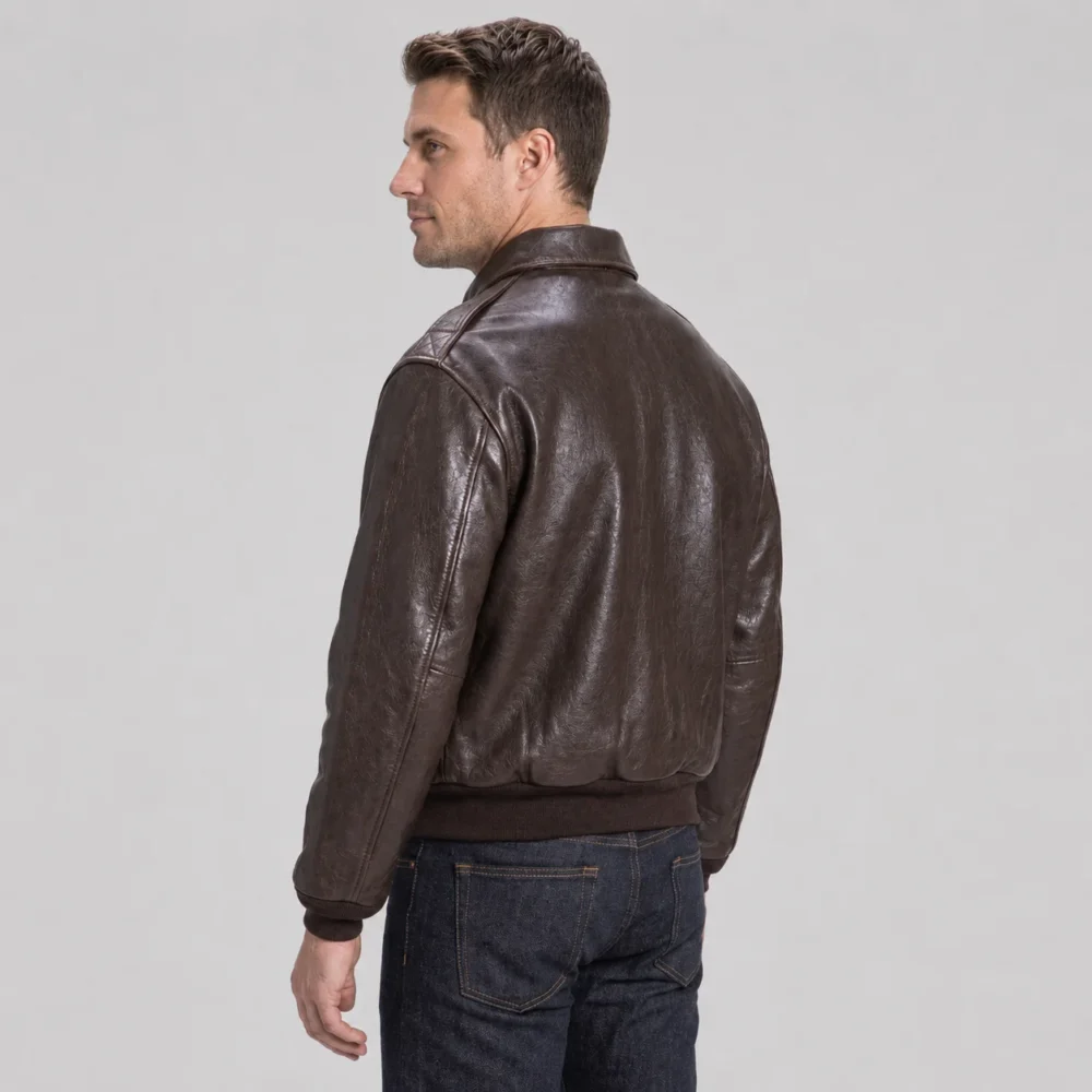 a2-leather-flight-jacket-Brown-Bomber-jacket-side-pose