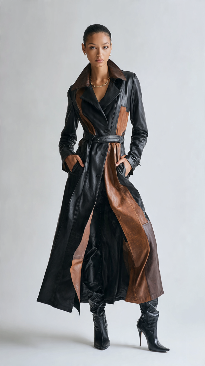 black brown mix leather trench coat for women