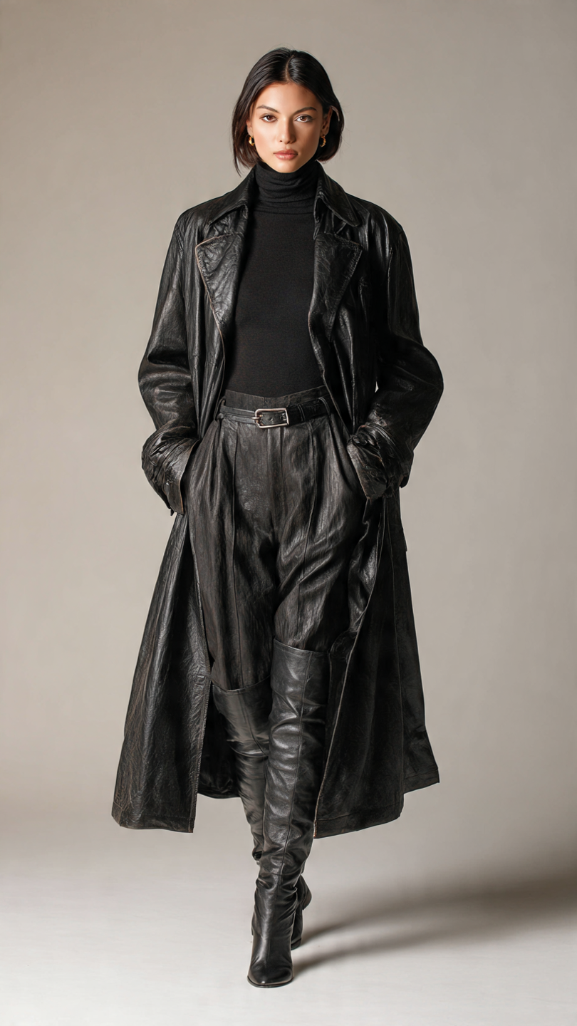 blackish leather trench coat