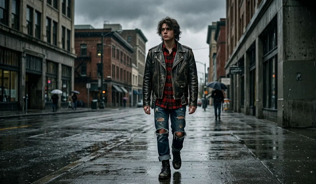 distressed leather jacket over a flannel shirt and ripped jeans