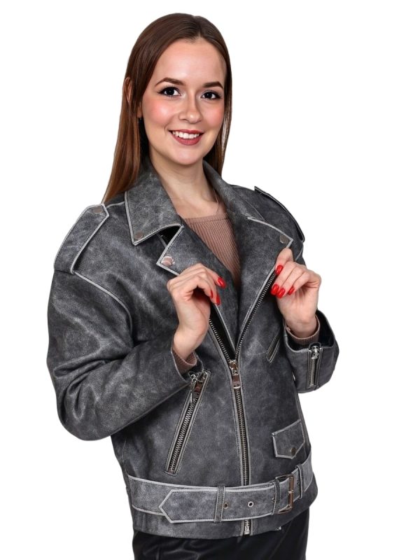 FUSION Grey Leather Jacket For Women