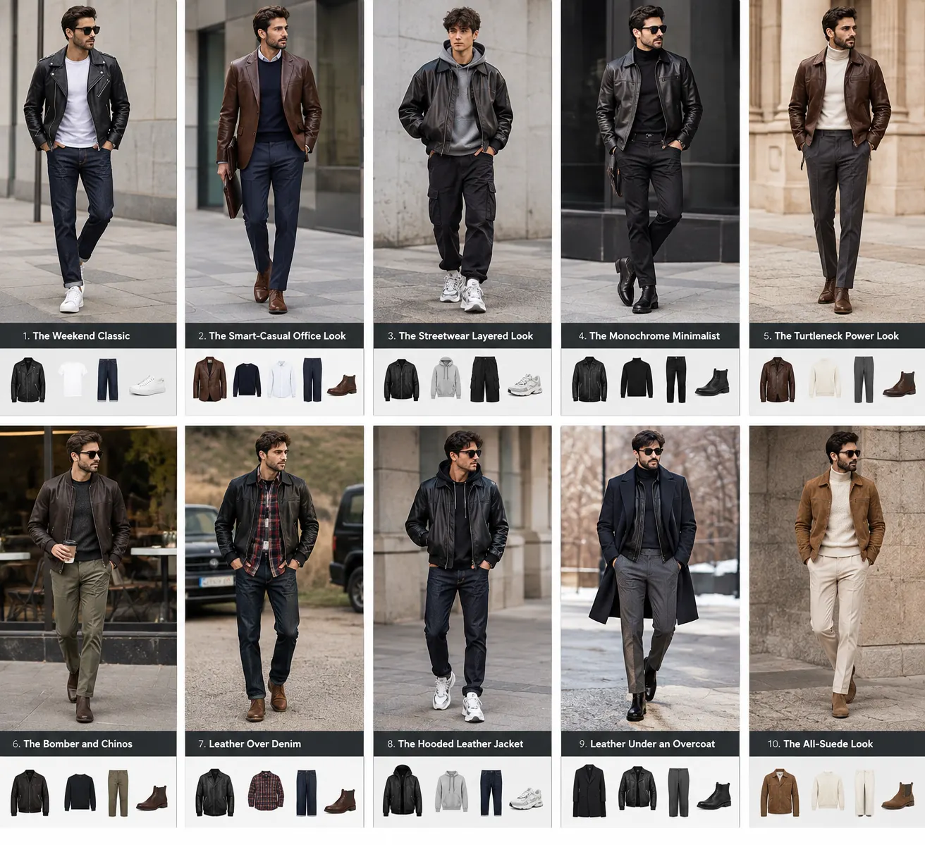 10 leather jacket outfit styles for fall and winter including biker, bomber, blazer, cafe racer, trench, suede, denim, puffer, shearling, and vest