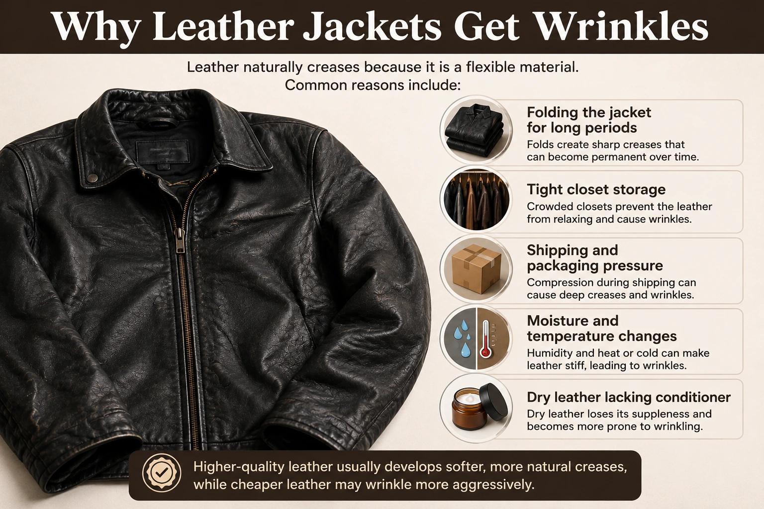 Close-up of wrinkled leather jacket showing deep creases and folds