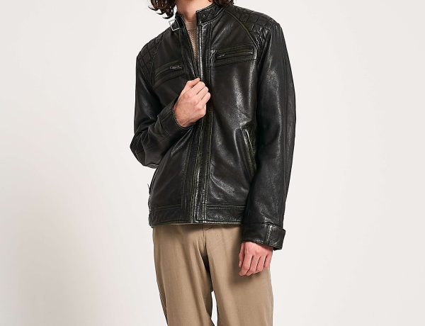 Classic Men's Washed Leather Racer Jacket – Black