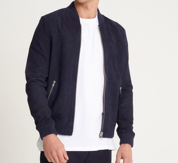 Mens Fine Milled Leather Bomber Jacket blue